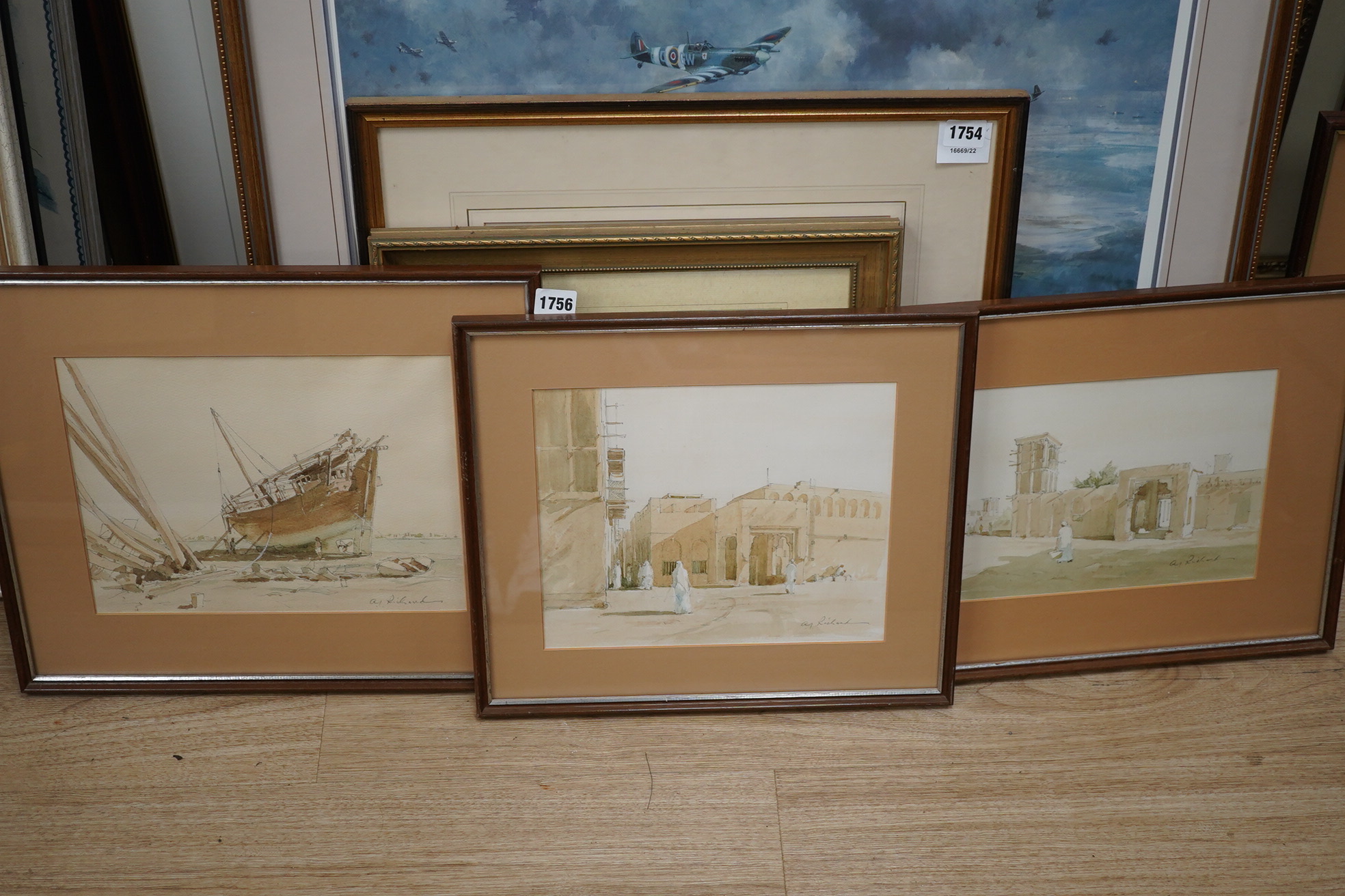 A. J. Richard, set of five watercolours, Beach scenes with moored boats, each signed, largest 23 x 30cm. Condition - fair to good